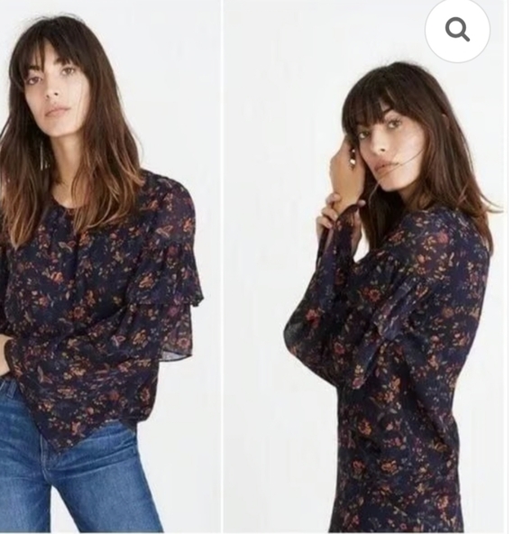 Floral Ruffle Bell-Sleeve Blouse - Navy Floral - Picture 15 of 16